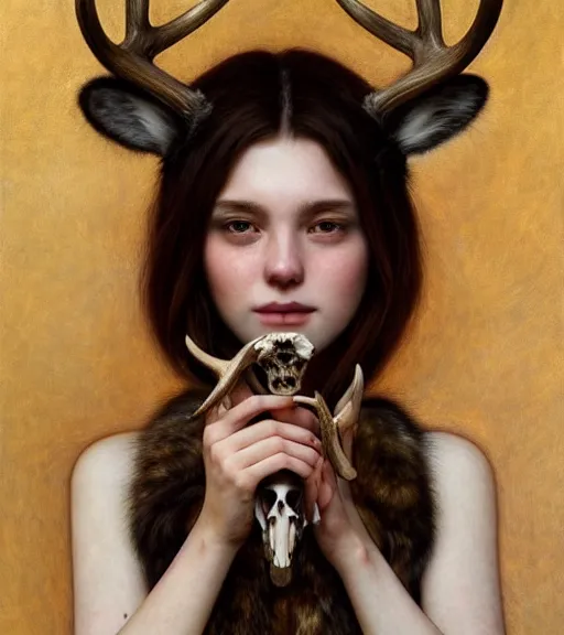 Prompt: portrait of 1 8 year old athena holding deer skull, stern expression, wearing a vest of leather and fur, bone jewelry, intricate, elegant, leather jewelry, glowing lights, highly detailed, digital painting, artstation, concept art, smooth, sharp focus, illustration, art by wlop, mucha, artgerm, and greg rutkowski