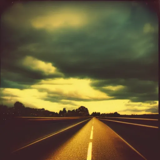 Prompt: instant photograph of the sky, polaroid, raw, beautiful, nostalgic, light leak, sunset, clouds, highway