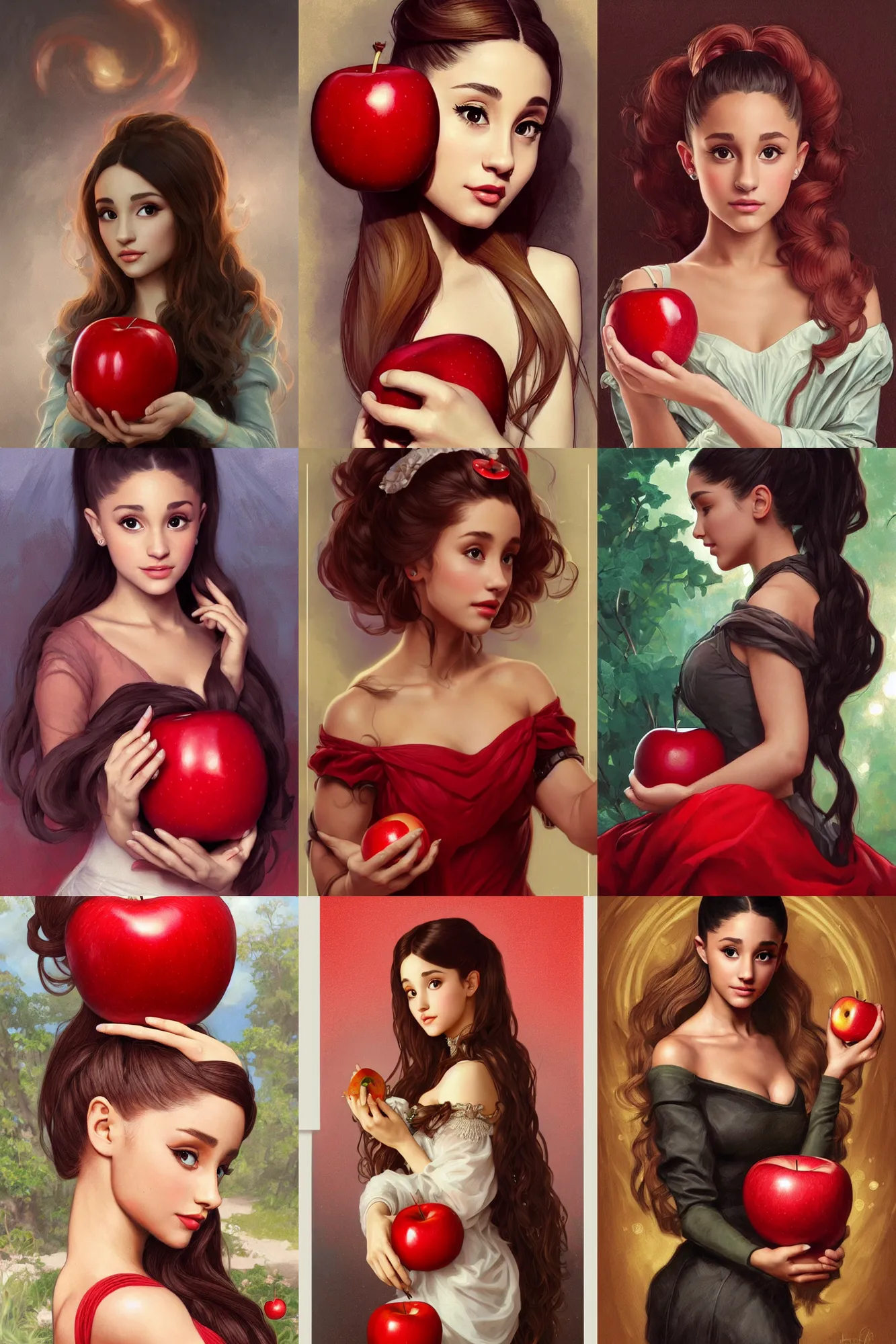 Prompt: beautiful cottagecore Ariana Grande holding a Red Apple, intricate, elegant, highly detailed, digital painting, artstation, concept art, smooth, sharp, focus, illustration, art by artgerm and greg rutkowski and alphonse mucha