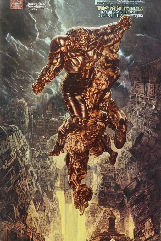 Image similar to full length portrait of mariusz pudzianowski as an armoured hulking marvel villain fighting extraterrestrial invaders in new york, dynamic action, by lawrence alma tadema and zdzislaw beksinski and norman rockwell and jack kirby and tom lovell and greg staples and michael alford