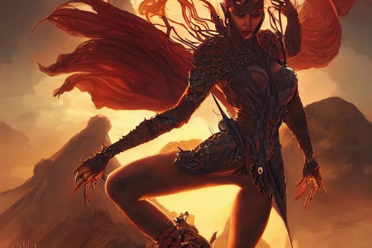 Image similar to An epic fantasy portrait painting of a spider-legged warrior woman with hair spikes, volcano eruption backdrop, illustration, detailed, award-winning, trending on artstation, by artgerm and Greg Rutkowski and Alphonse Mucha