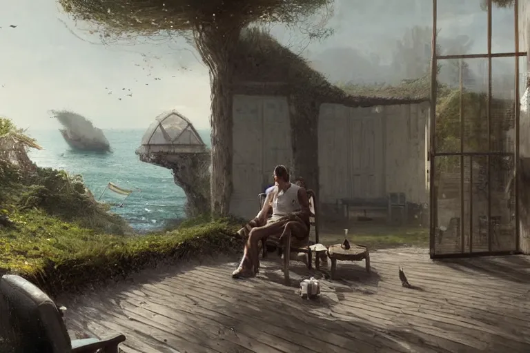 Prompt: a matte painting of a man sitting down and having a cup of tea in his house by the beach, by greg rutkowski,