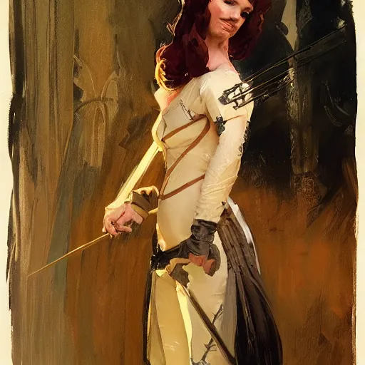 Image similar to annie edison as robin hood, intricate, elegant, highly detailed, greg manchess, mucha, liepke, ruan jia, jeffrey catherine jones, ridley scott