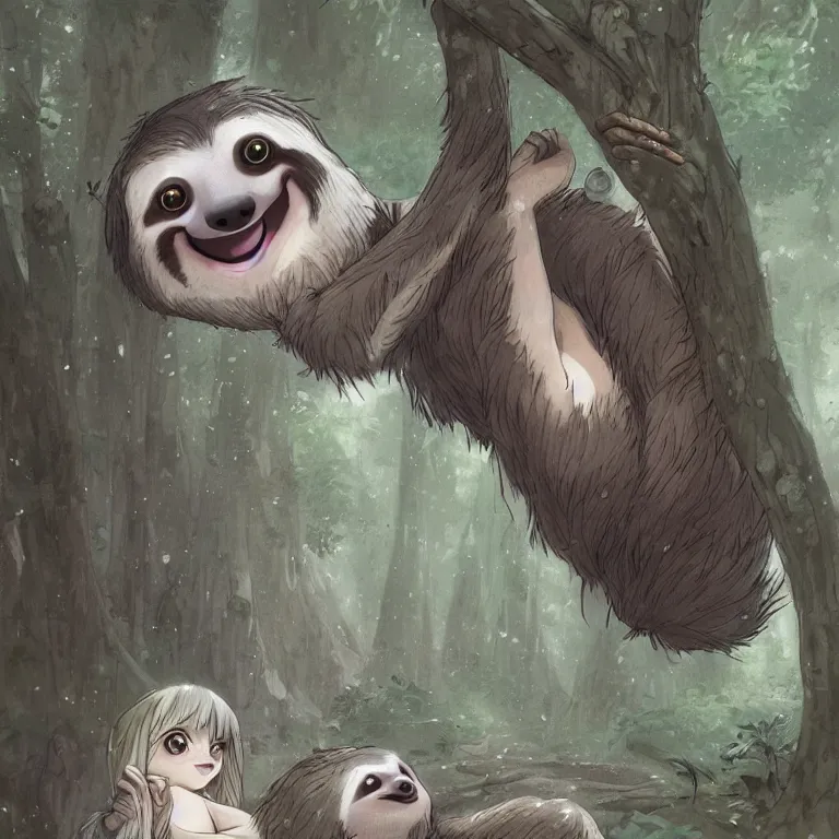 Prompt: A playful cute sloth talking to a shy fairy. award winning. superb resolution. in the art style of junji Ito and greg rutkowski. Detailed dark forest in background. Hyper realistic anime. Perfect art.