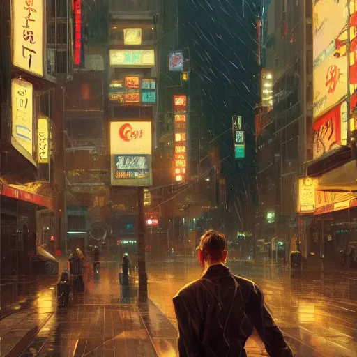 Prompt: sargent and leyendecker and greg hildebrandt, portrait of rainy tokyo streets, stephen bliss, unreal engine, fantasy art by greg rutkowski, loish, rhads, ferdinand knab, makoto shinkai, ilya kuvshinov, rossdraws, global illumination, radiant light, detailed and intricate environment