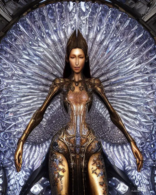 Image similar to a highly detailed metahuman 4 k close up render of an alien goddess bella hadid monument gothic in iris van herpen dress schiaparelli in diamonds crystals swarovski and jewelry iridescent in style of alphonse mucha gustav klimt trending on artstation made in unreal engine 4