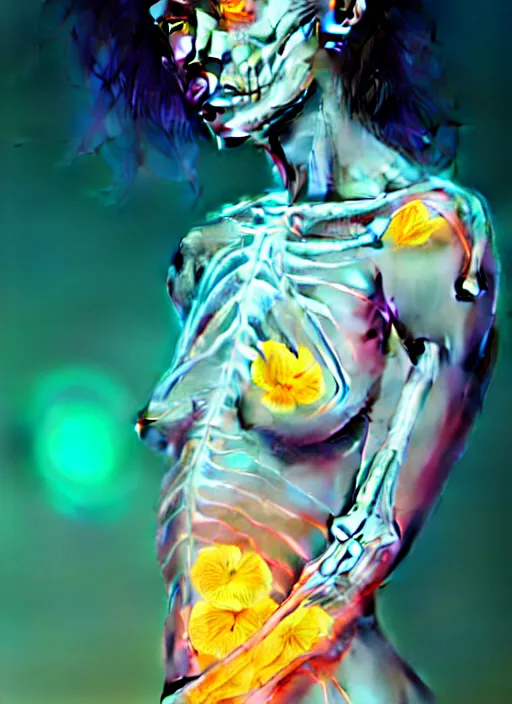 Image similar to portrait female posing sensual figure x - ray, skeletal, glowing veins under translucent skin, highly detailed skin, among neon bed of flowers, windy, stormy sky, bioluminescent, plasma, greg rutkowski, 8 k trending on artstation,