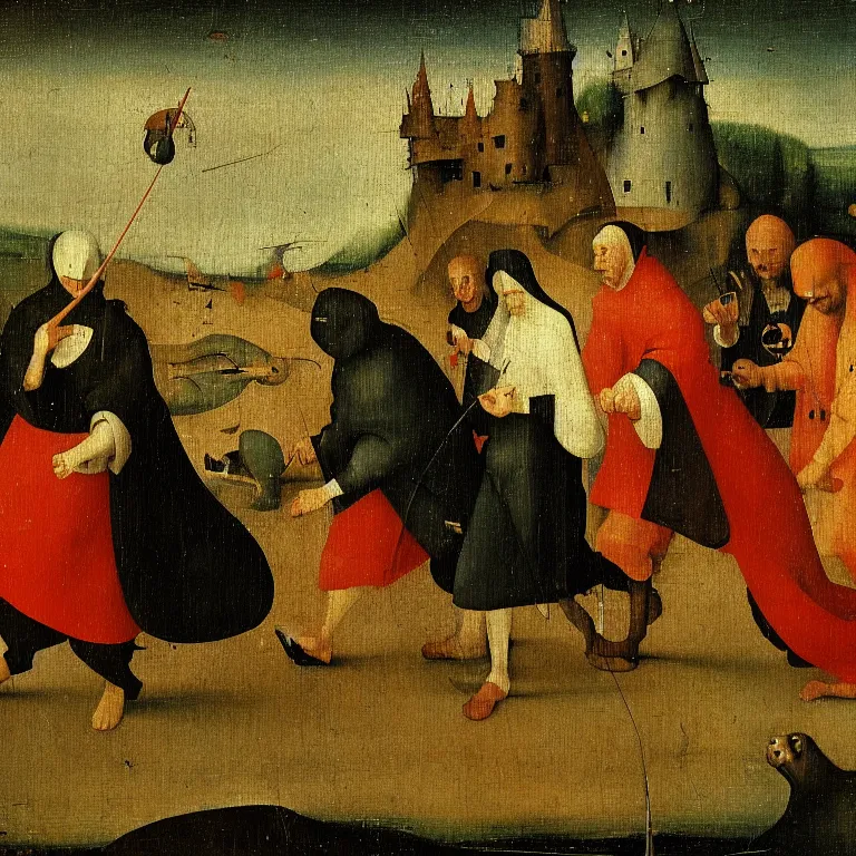 Prompt: The medium shot of three mans with flippers running away with a small profit of money, thinking they've made a great deal by Hieronymus Bosch, oil painting, 4k, masterpiece