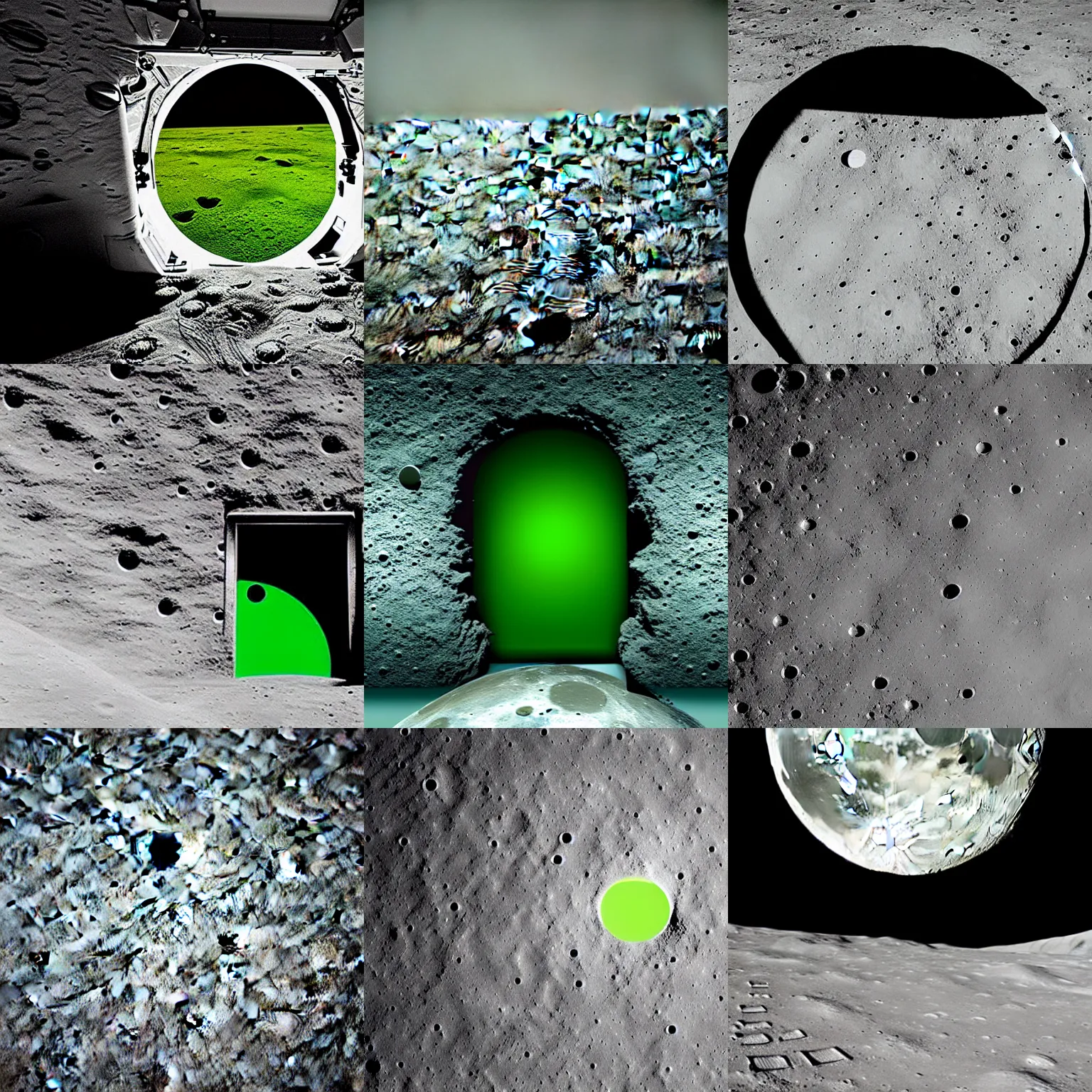 Prompt: a door on the moon that leads to a green field