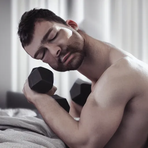 Image similar to a guy is asleep on on comfy bed , he his holding a dumbell in his hands. very detailed ,dramatic , octane render.