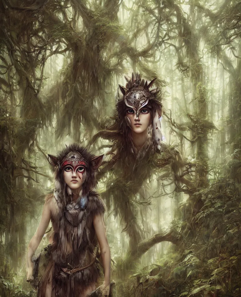 Image similar to portrait of Princess Mononoke wearing mask, lush forest landscape, painted by tom bagshaw, proko, artgerm, norman rockwel, james gurney, denoised, sharp,