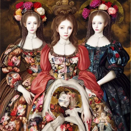 Prompt: renaissance, baroque 8k oil painting group of creepy young ladies wearing renaissance long harajuku manga dress with flowers and skulls, background chaotic flowers