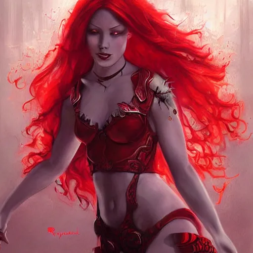 Prompt: a beautiful painting of a floating redhead fire sorceress with a red outfit looking forward with piercing eyes by Raymond Swanland