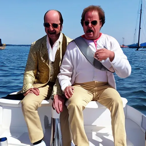 Prompt: character torrente and hamilton on a boat