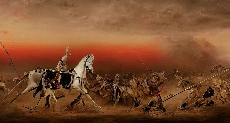 Prompt: a highly detailed riderless white horse wounded heavily by multiple arrows in the aftermath of a battlefield during the islamic era that took place in the middle of the desert with a warrior's sword burried into the ground and burning tents and women covered in black veil seen in the background and the sky is filled with dark red clouds and a red sun, artistic, intricate details, historical, cinematic