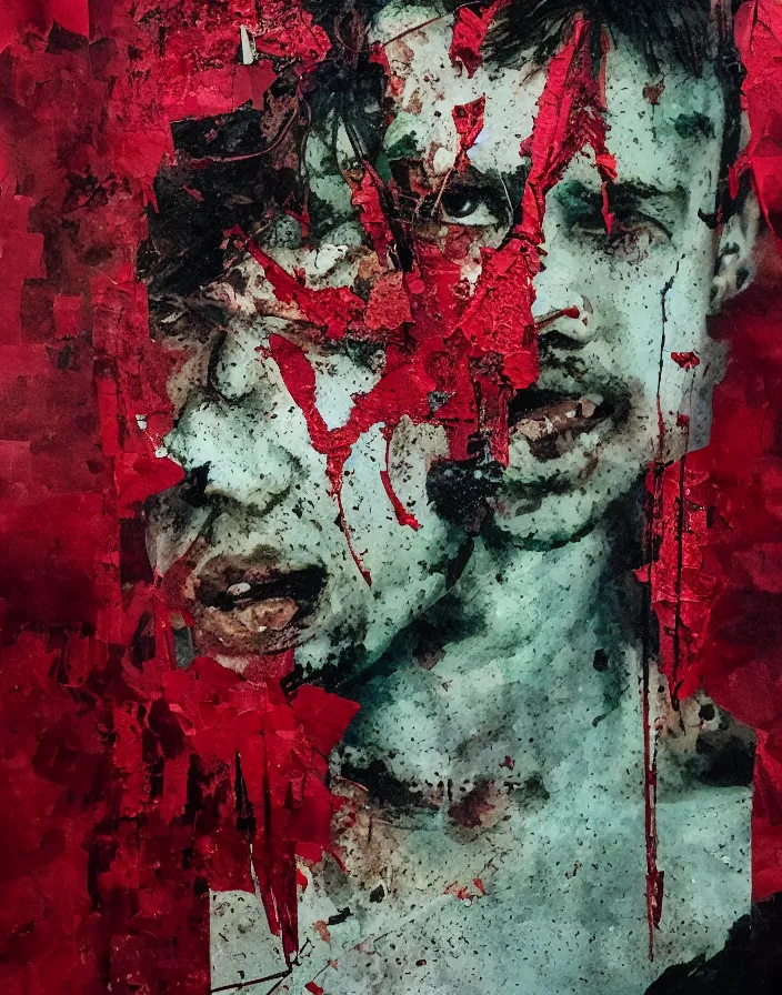 Prompt: young fight club fighter in rage detailed analogue mixed media collage with canvas texture in style of contemporary art, punk art, hyperrealistic beautiful face, photorealism, expressionism, masterpiece, perfect composition, spectacular quality, intricate oil details, dark red green background