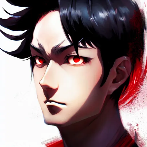 Image similar to anime portrait of a slick black hair guy with red eyes by stanley artgerm lau, wlop, rossdraws, james jean, andrei riabovitchev, marc simonetti, and sakimichan, trending on artstation