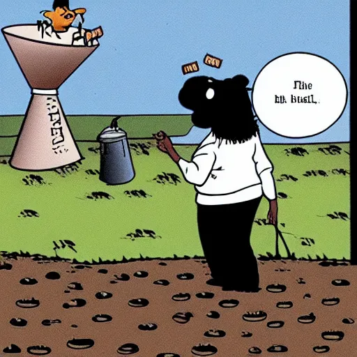 Image similar to a cow points at a bucket, far side, illustrated by gary larson