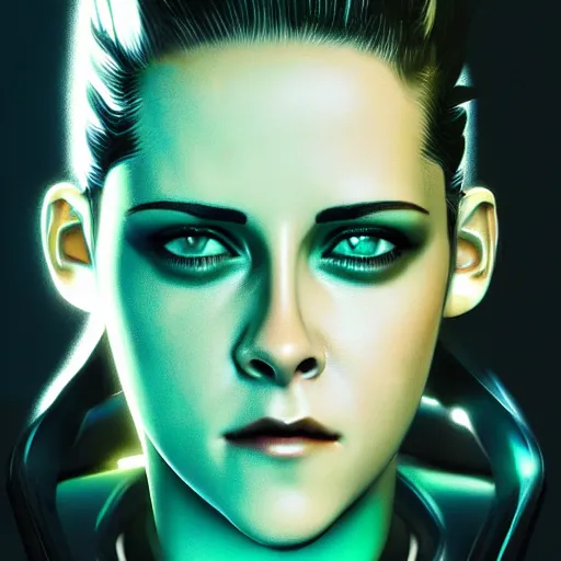 Image similar to kristen stewart portrait, Cyberpunk 2077, photorealistic, ultra detailed, cybernetic head, neon, octane, bokeh, cyber, cyber style, feature, scars, cyberface, 8k