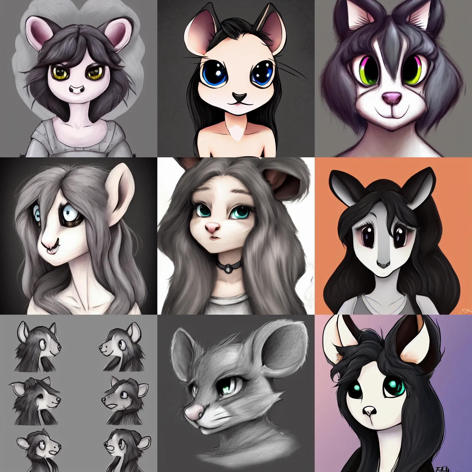 Image similar to 3/4 headshot of young female furry, D&D, cute, fantasy, intricate, long hair, grey skin, mouse face, mouse nose, mouse head, mouse ears, black hair, elegant, highly detailed, cartoony, artstation, concept art, smooth, sharp focus, illustration, art by Diives