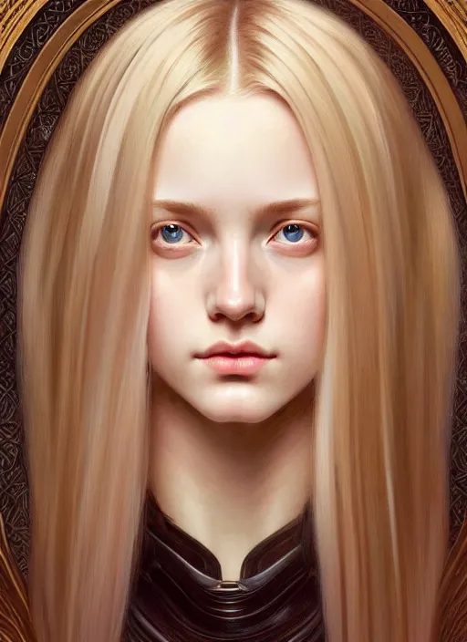 Image similar to beautiful symmetrical face, portrait of young woman blessed with ever - increasing physical and mental perfection, realism, blonde hair, perfect face!! intricate, elegant, highly detailed, vision of holy perfection!! digital painting, artstation, concept art, smooth, sharp focus, illustration, humanity, art by artgerm and greg rutkowski and alphonse mucha