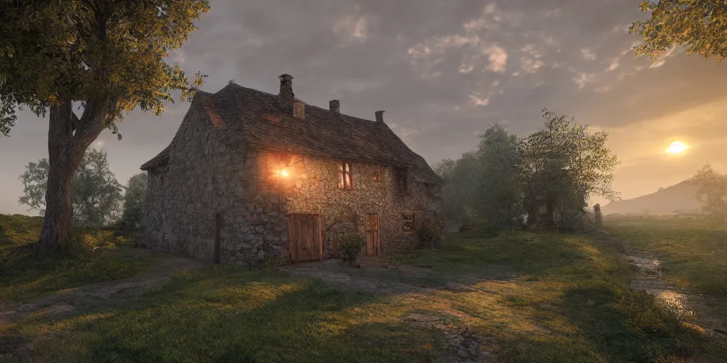 Image similar to a small medieval house near a river in the middle of two mountains at sunrise, concept art, hyperrealistic, trending on artstation, high quality, highly detailed, breathtaking landscape, path traced, clouds, soft lighting, soft colors, digital art, serene landscape, 8 k hdr, octane render, unreal engine 5