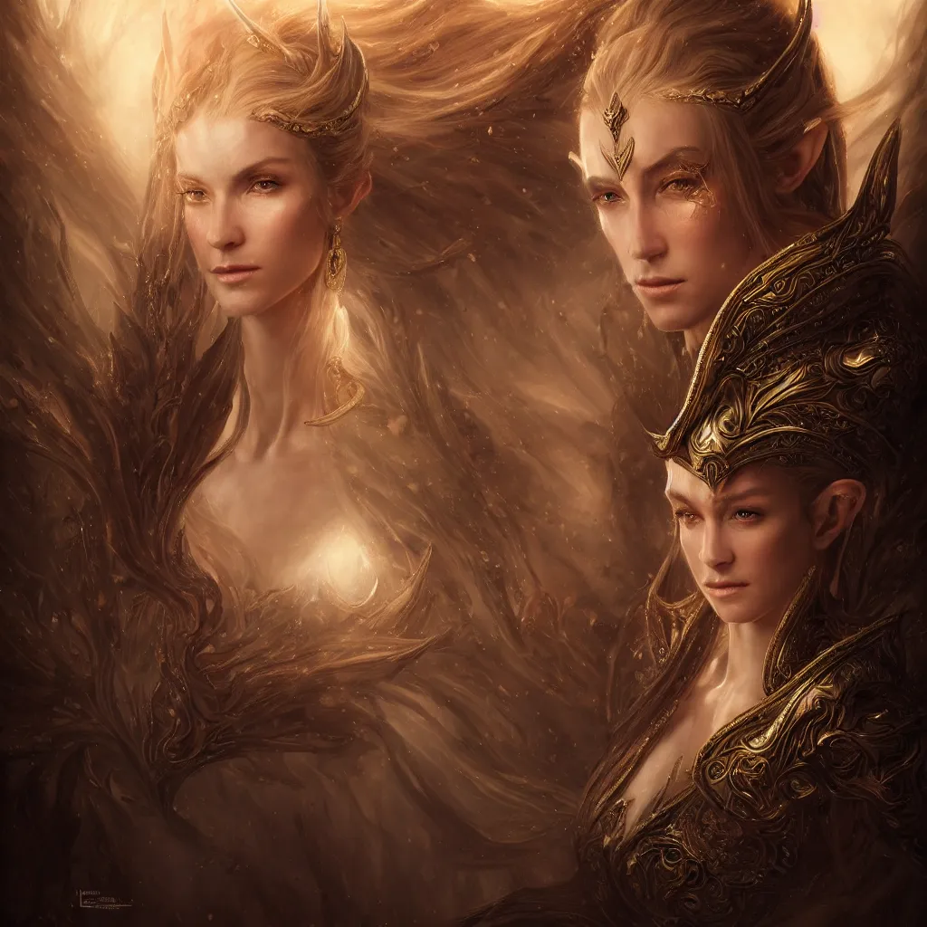 Image similar to Majestic and regal portrait of a riveting and awe inspiring female High Elf nobility, intricate, epic, elegant, menacing, fantasy, photo realistic, digital painting, hard focus, beautiful volumetric lighting, epic light, ultra detailed, by Leesha Hannigan, Ross Tran, Thierry Doizon, Kai Carpenter, Ignacio Fernández Ríos