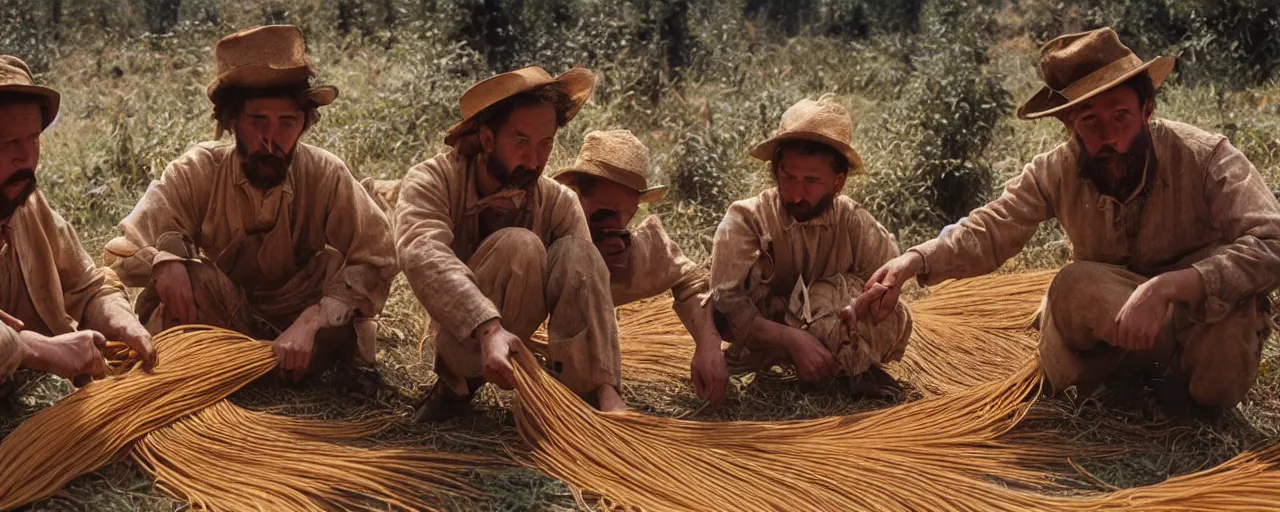 Image similar to harvesting spaghetti during the gold rush, hyper - realistic faces, intricate, sigma 5 0 mm, cinematic lighting, photography, wes anderson, film, kodachrome