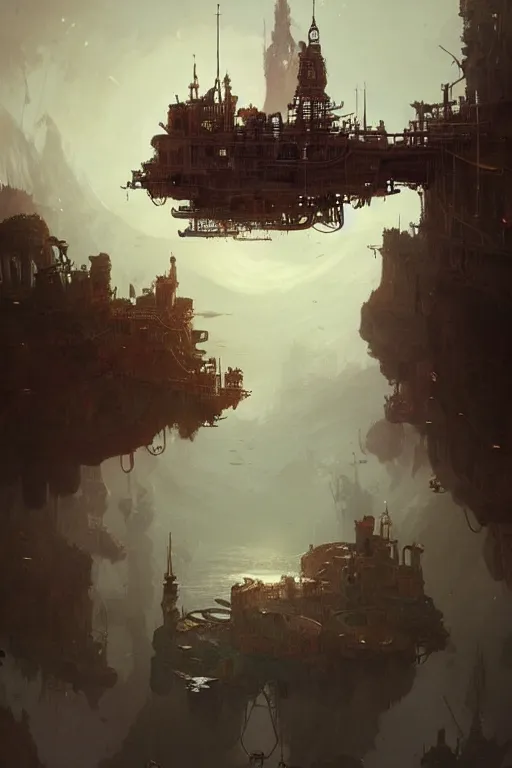 Image similar to Floating steampunk island, art by Greg Rutkowski , trending on artstation, artstationHD, artstationHQ, 4k, 8k