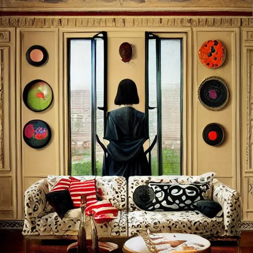 Image similar to A living room with interior design by Tom Bagshaw and Yayoi Kusama