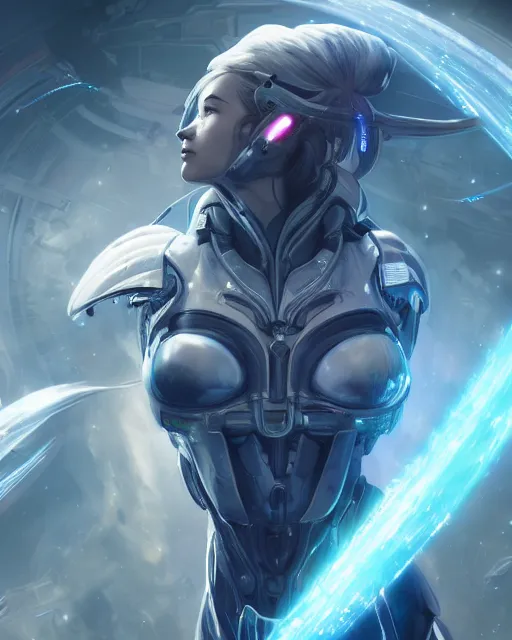 Prompt: photo of a beautiful girl on a mothership, android, warframe armor, pretty face, scifi, futuristic, galaxy, raytracing, dreamy, perfect, cosmic wind, pure, white hair, blue cyborg eyes, glow, insanely detailed, artstation, innocent look, art by gauthier leblanc, kazuya takahashi, huifeng huang