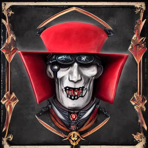 Image similar to warhammer 4 0 k portrait of a man with only one eye and wearign a red top hat in the service of the chaos gods