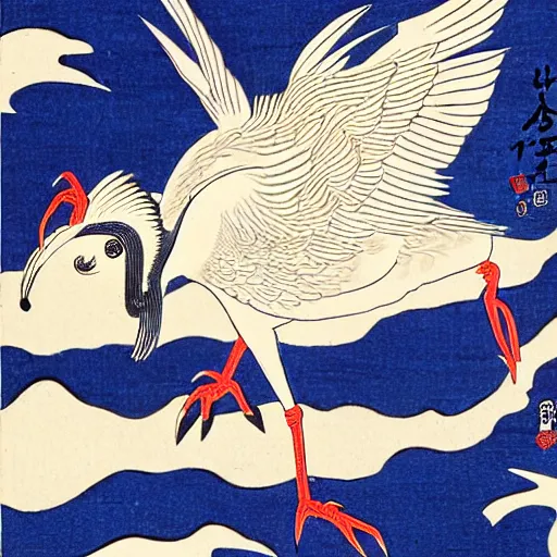 Image similar to 鶴 crane, in the style of hokusai, ukiyo-e