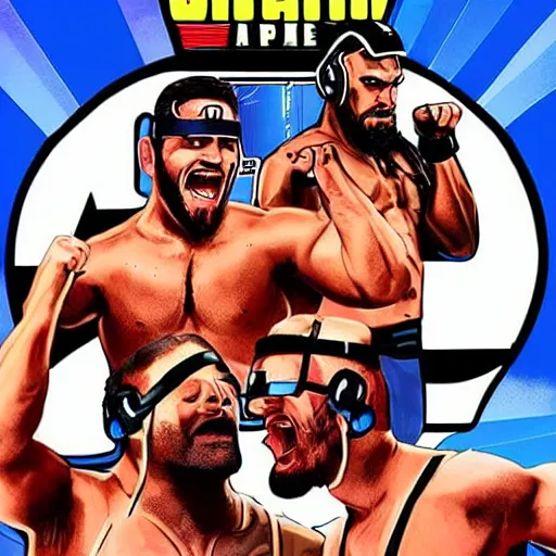 Prompt: cinematic poster art of wrestlers wearing vr headsets, gta cover style, tap out, wrestlemania poster, ufc, digital illustration by basil gogos