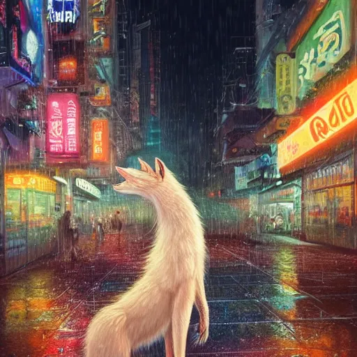 Prompt: white furred anthropomorphic female vulpes vulpes fulva, eating noodles, in the rain by a noodle kiosk, in crowded and wet street of a city, cyberpunk, harsh neon lights, highly detailed, digital painting, trending on artstation, concept art, sharp focus, illustration, art by artgerm and greg rutkowski and magali villeneuve