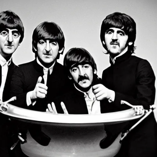 Prompt: the beatles singing in a bowl of fire