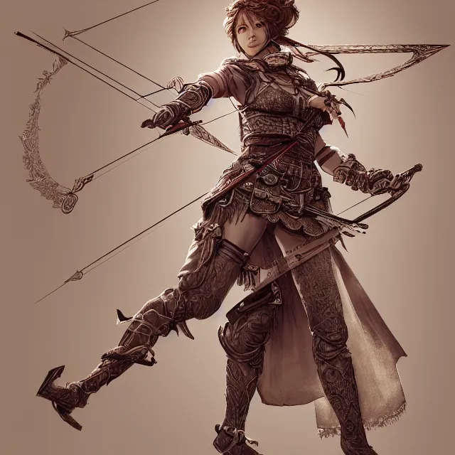 Image similar to the portrait of lawful neutral semi - colorful female archer huntress as absurdly beautiful, gorgeous, elegant, young girl, an ultrafine hyperdetailed illustration by kim jung gi, irakli nadar, intricate linework, bright colors, octopath traveler, final fantasy, unreal engine 5 highly rendered, global illumination, radiant light, detailed and intricate environment