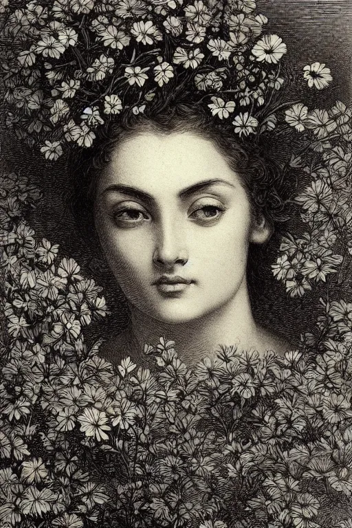 Image similar to extreme close-up portrait of a beautiful french woman from behind with flower in the head, forest background, Gustave Dore lithography