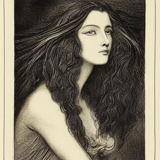 Prompt: portrait of a beautiful woman, gothic, cat eyes, hair waving in the wind, high detail, illustration by gustav dore