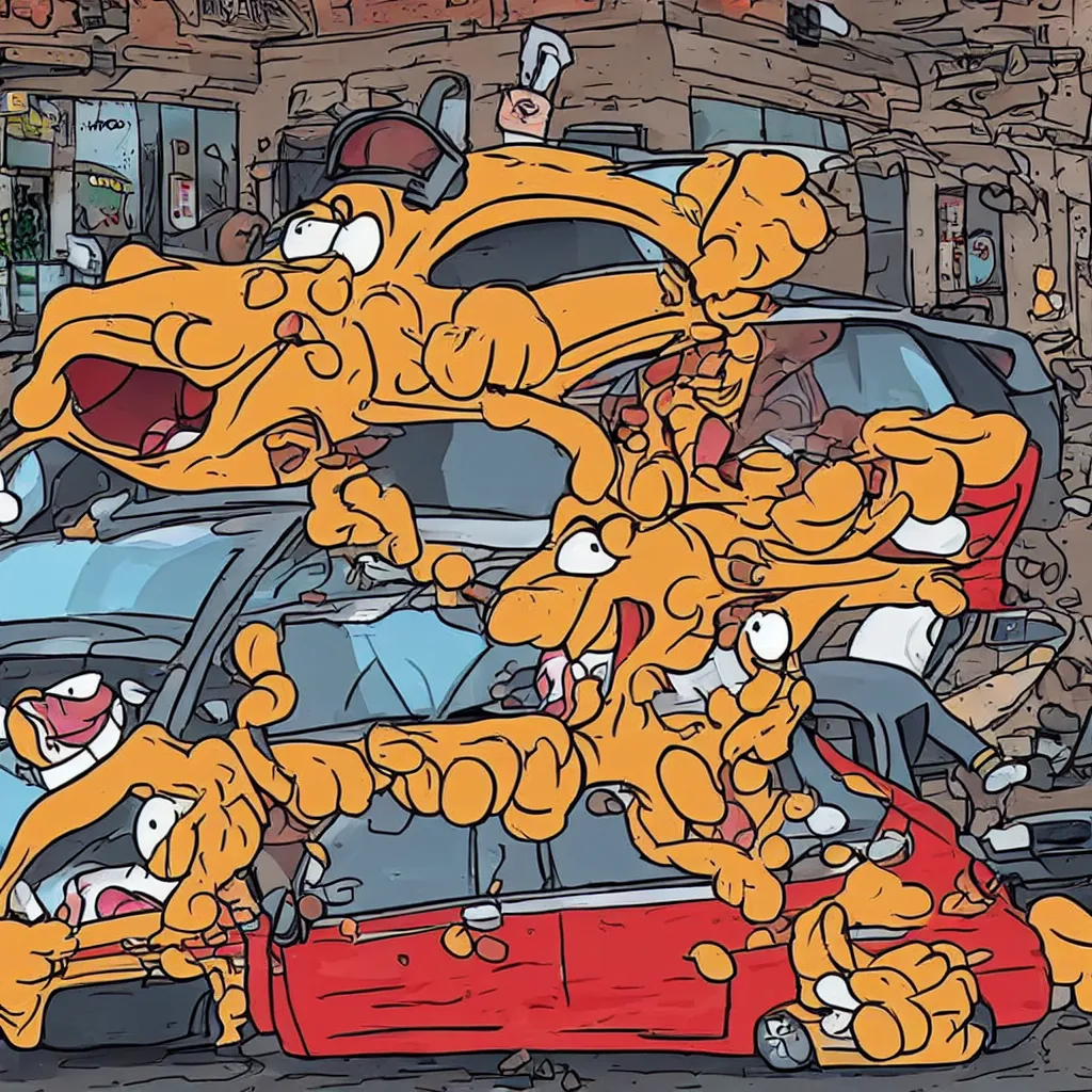 Image similar to garfield crashing a car into a pizzeria