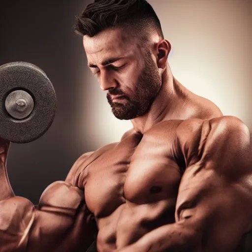 Image similar to digital painting of a muscular guy is asleep on on comfy bed , he holding a dumbbell in his hands. very detailed ,dramatic , octane render.