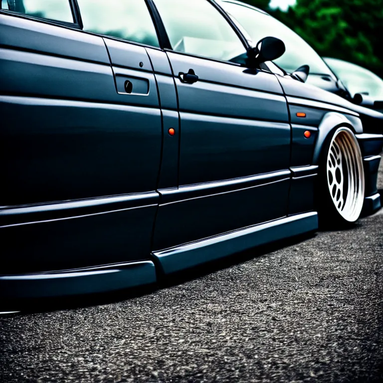 Image similar to close-up-photo BMW E36 illegal meet, cambered wheels, Saitama prefecture, misty midnight, cinematic color, photorealistic, high detailed wheels, highly detailed, custom headlights