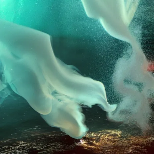 Image similar to manshaped swirling smoke dancing underwater, octane render, caustics lighting from sunlight above, cinematic