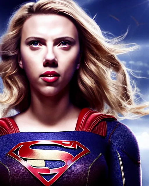 Image similar to scarlett johansson portraying a beautiful supergirl, beautiful scarlett johansson super girl, movie, hyper realistic, hollywood promotional image, imax, 8 k