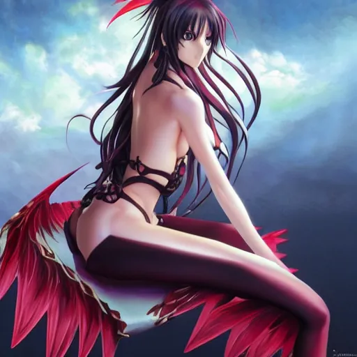 Prompt: 8K photorealistic Portrait of Kuroka Toujou of Highschool DxD, sitting on a chair, wide open dragon wings, intricate, whole body, highly detailed, digital painting, artstation, concept art, smooth, sharp focus, illustration, art by Hajime Sorayama