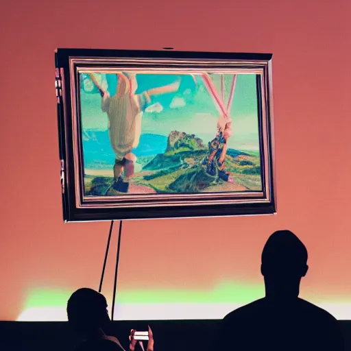 Image similar to art curator looking at a screen with a painting of virtualboy, recursive, on stage in the middle of a fashion show in the style of grand chamaco and stanley kubrick, inspired by y - 3, photorealistic, epic, super technical, cinematic still