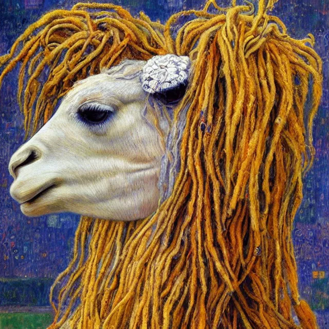 Prompt: llama with dreadlocks, by gustav klimt, by mandy jurgens, ernst haeckel, james jean