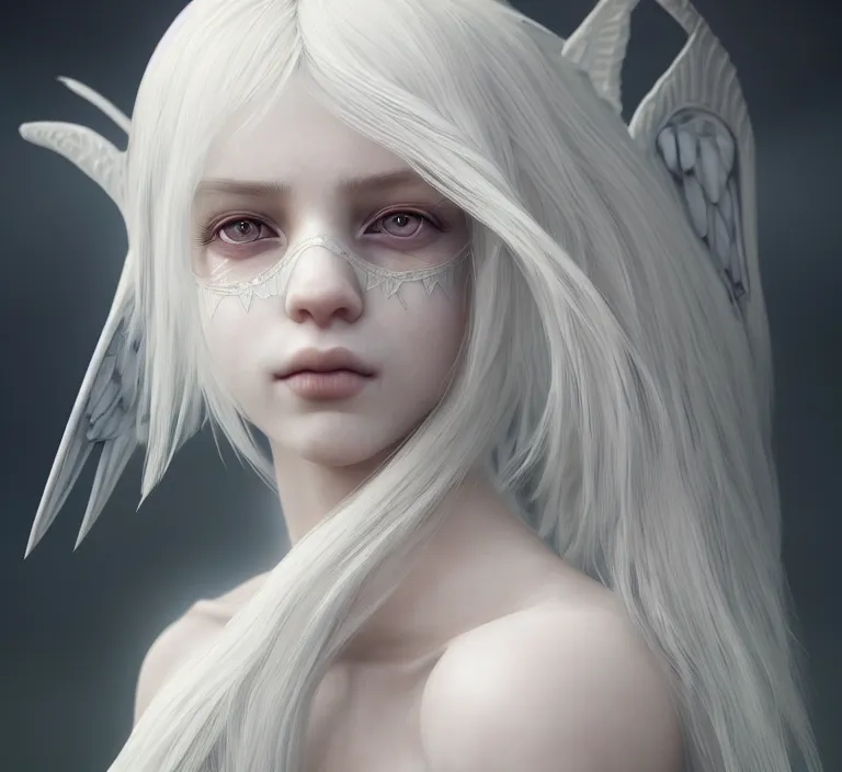 Prompt: symmetry!! cancer!! female portrait, beautiful, detailed white long hair, elf ears, wings, intricate hidden face mask, complex 3 d render by ilya kuvshinov, alphonse mucha, ryohei hase, dramatic lighting, intricate, highly detailed, final fantasy, sharp focus, luminous, unreal engine 5 rendered, blender, deviant