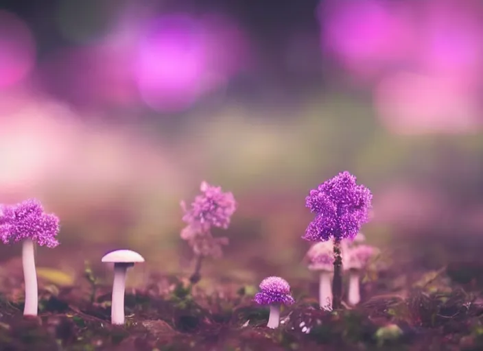 Image similar to a fantasy forest on an alien planet with delicate flowers and mushrooms that glow in the dusk, macro close up, bokeh,