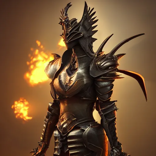 Image similar to stunning shot of a beautiful female knight, but as a hot anthropomorphic dragon, doing a majestic pose, well designed female dragon head, armor made of steel, sharp claws, HD octane render, epic cinematography, fantasy, Artstation, Deviantart, Furaffinity